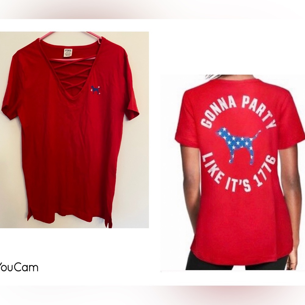 Like new 2018 Pink 4th of July T-shirt - white & blue graphics star dog RARE